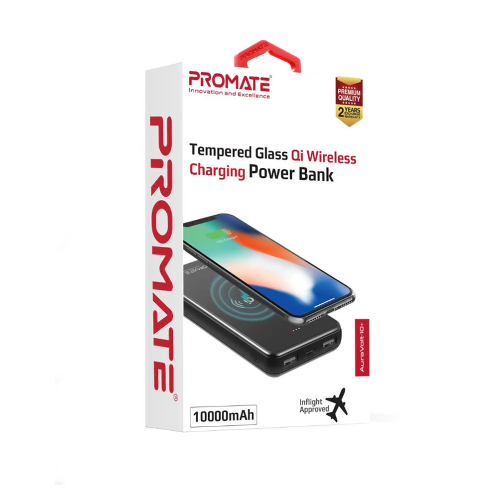 10000mAh Tempered Glass 5W Wireless Charging Power Bank with 2 Output Ports and Dual Input