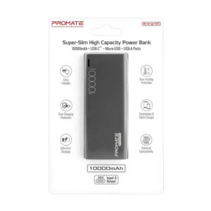 10000mAh Li-Polymer Power Bank with USB-C In/Out, USB Charging Port, Dual Charging Input