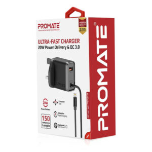 Quick Charging Wall Charger with Lightning Cable • 20W USB-C Power Delivery • Qualcomm Quick Charge 3.0 Port • 1.5m Charging Cable