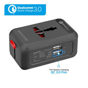 Multi-Regional Travel Adaptor with AC 110V-880W/220V-1760W Socket, QC3.0 USB Port and 1.2A USB Port